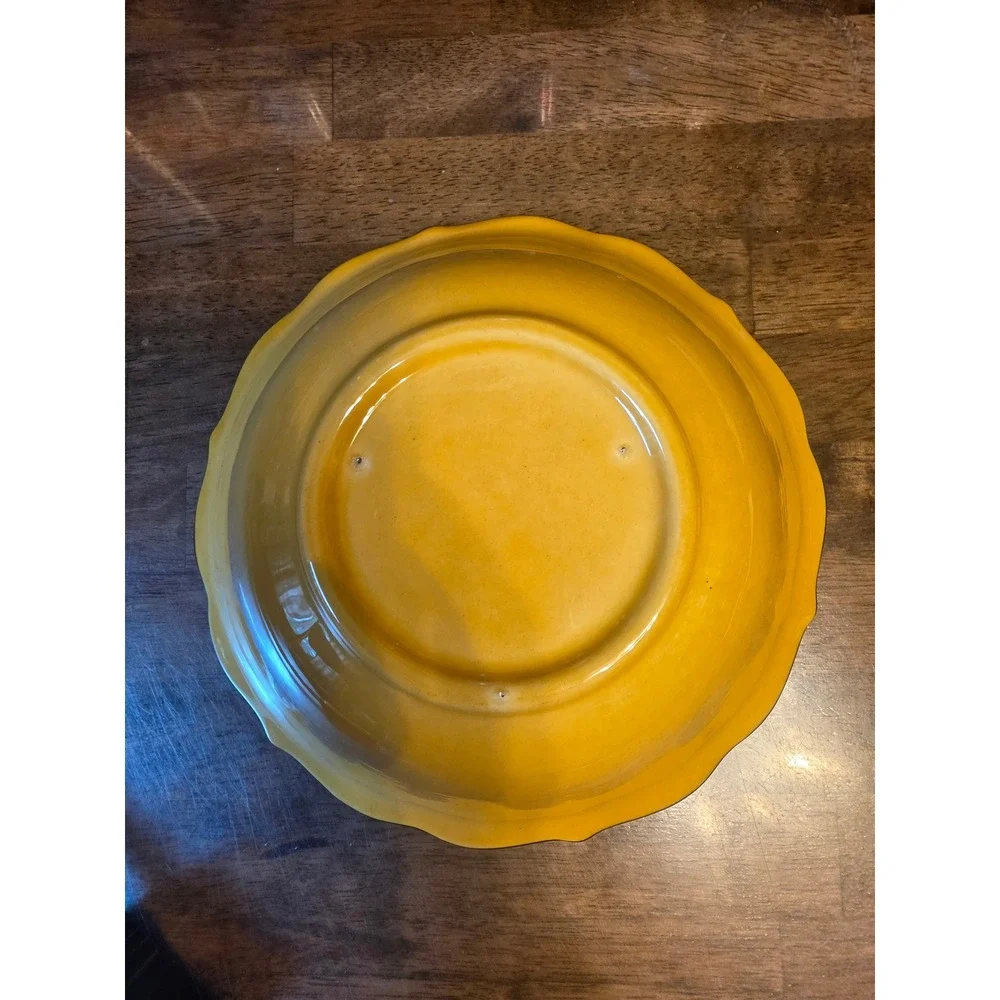 Vintage Mustard Yellow Ceramic Divided Serving Bowl Scalloped Brown Trim 8in